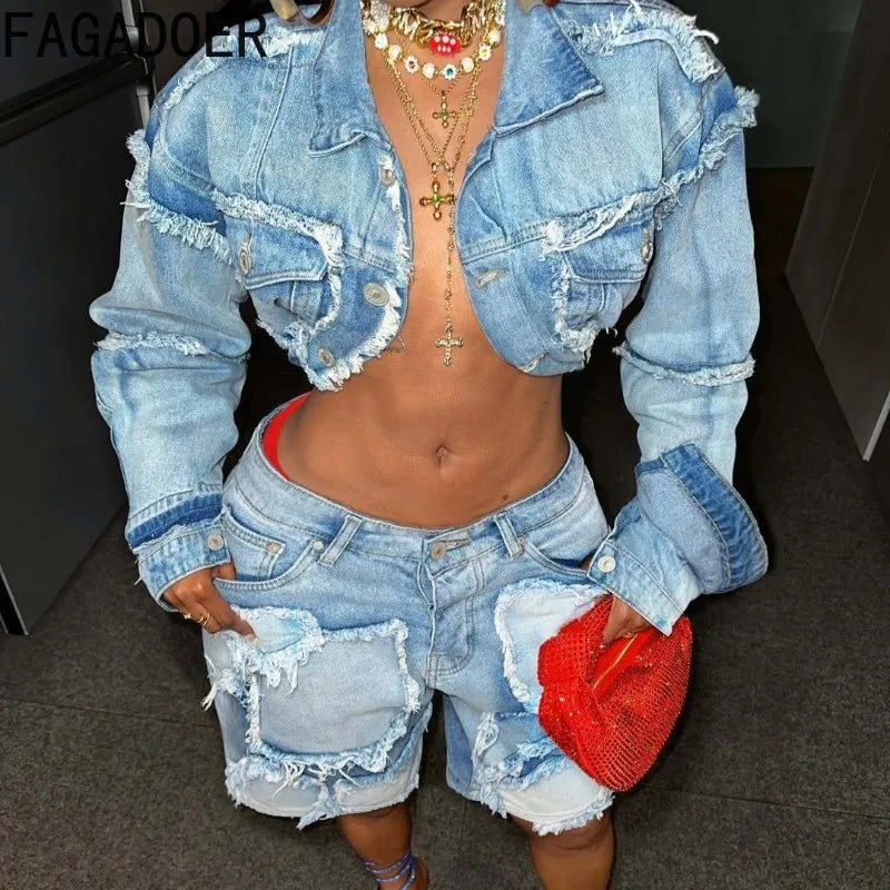 FAGADOER Summer New Fashion Denim 2 Piece Sets Woman Outfit Long Sleeves Patchwork Crop Jacket + Short Female Streetwear New