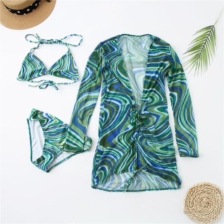 Print Bikini Sexy Mesh Cover Up 3 Piece Swimsuit Women String Bathing Suits