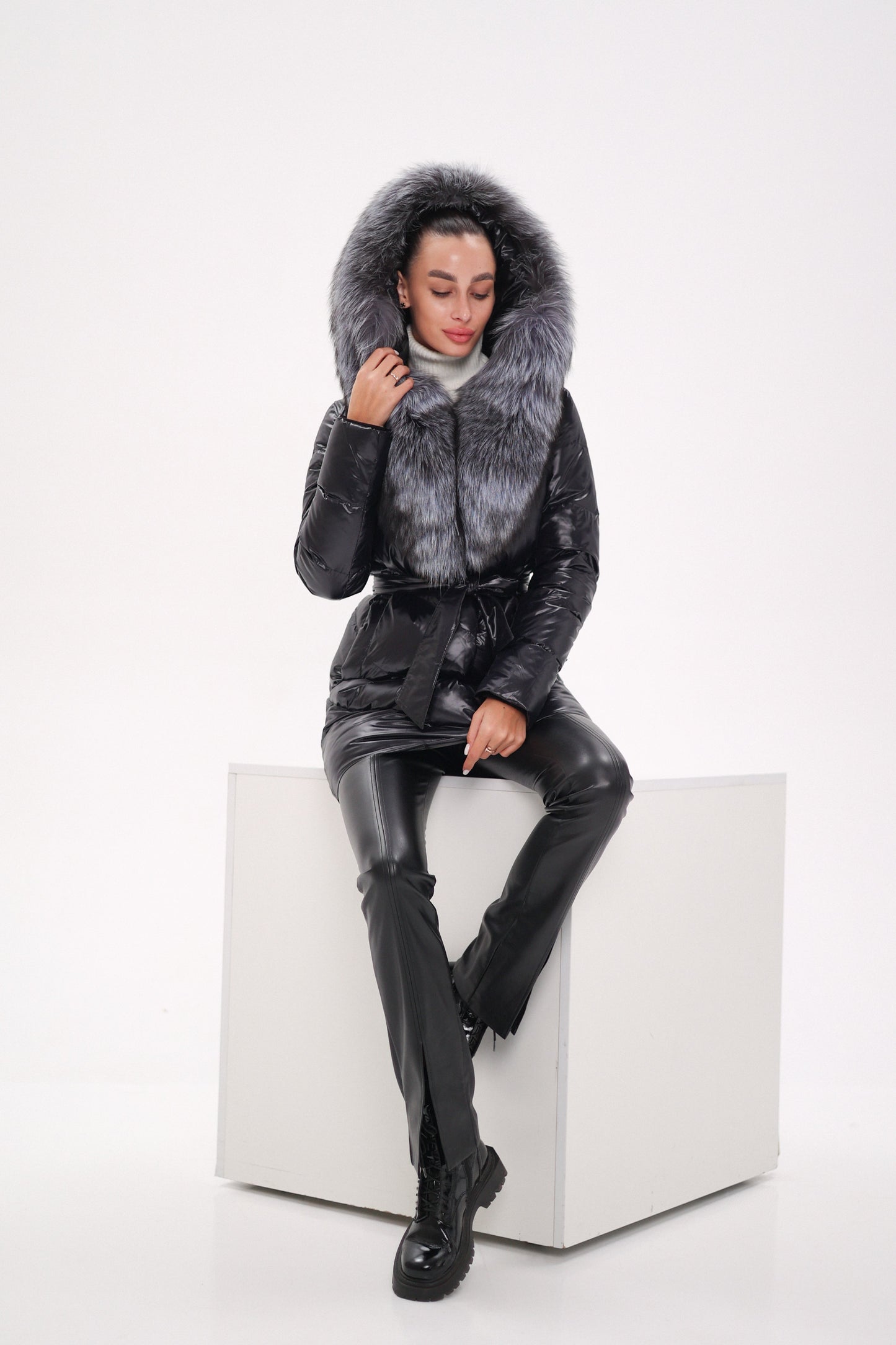 Genuine Silver Fox Fur Down Fill Coat