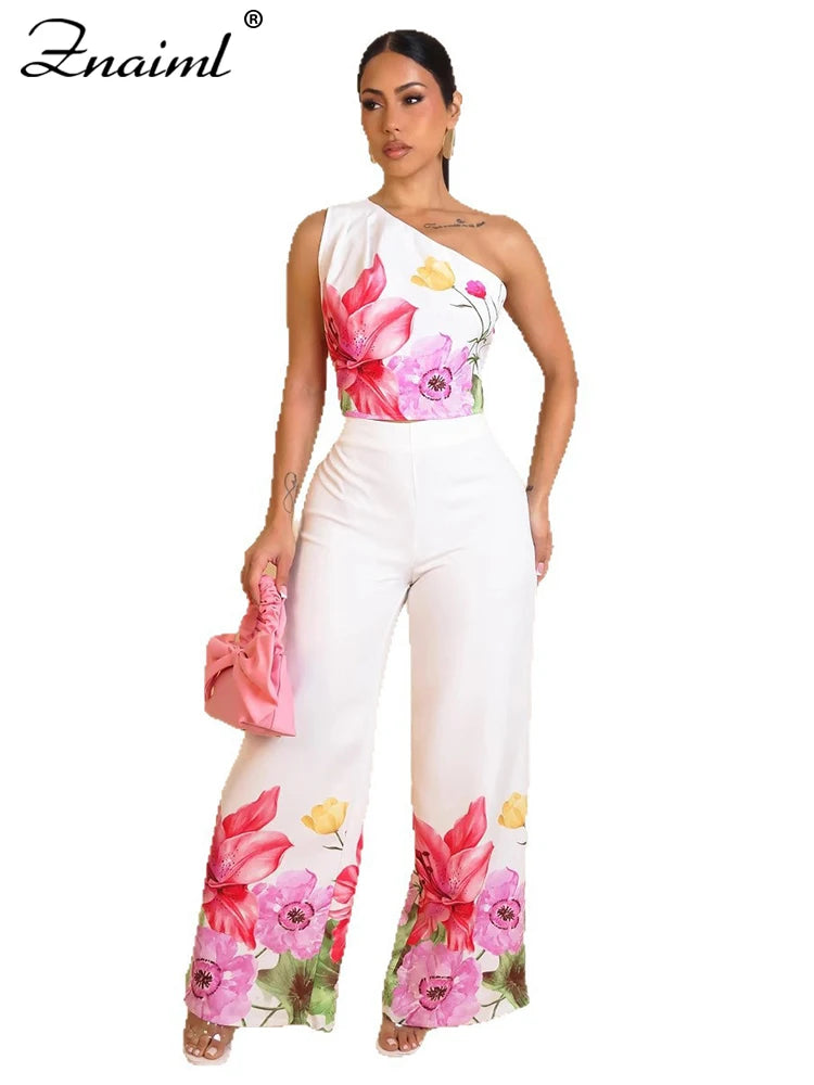 Znaiml Flower Print 2 Piece Pant Set Women Skew Collar Crop Tops and Wide Leg Pants Casual Summer Vacation Party Outfits 2025