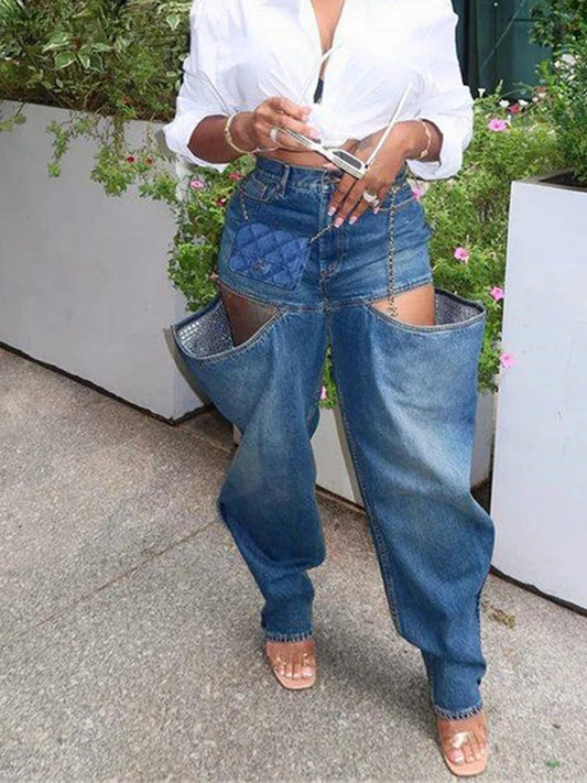 Hollow Elastic Women Demin Jeans High Waist Pockets Causal Vintage Bottoms Female Fashion Y2K Streetwear Clothing