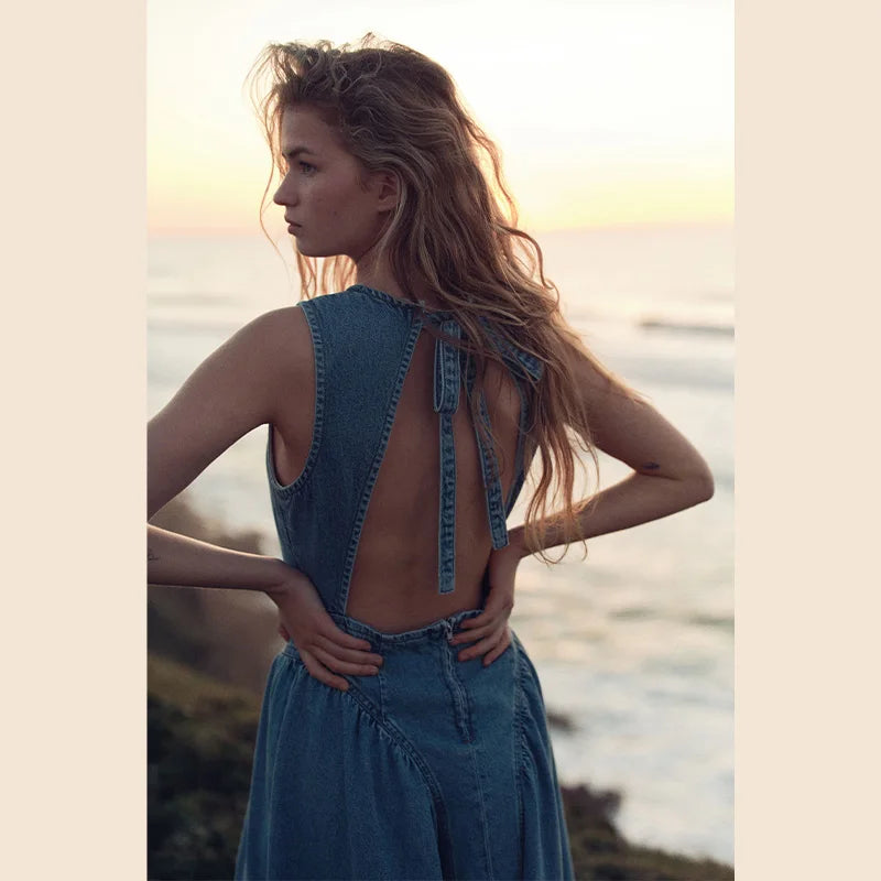 Casual Round Neck Lace Up Backless Denim Dress Sleeveless High Waist Loose Zipper Robe Summer High Street Sexy Solid Clothing