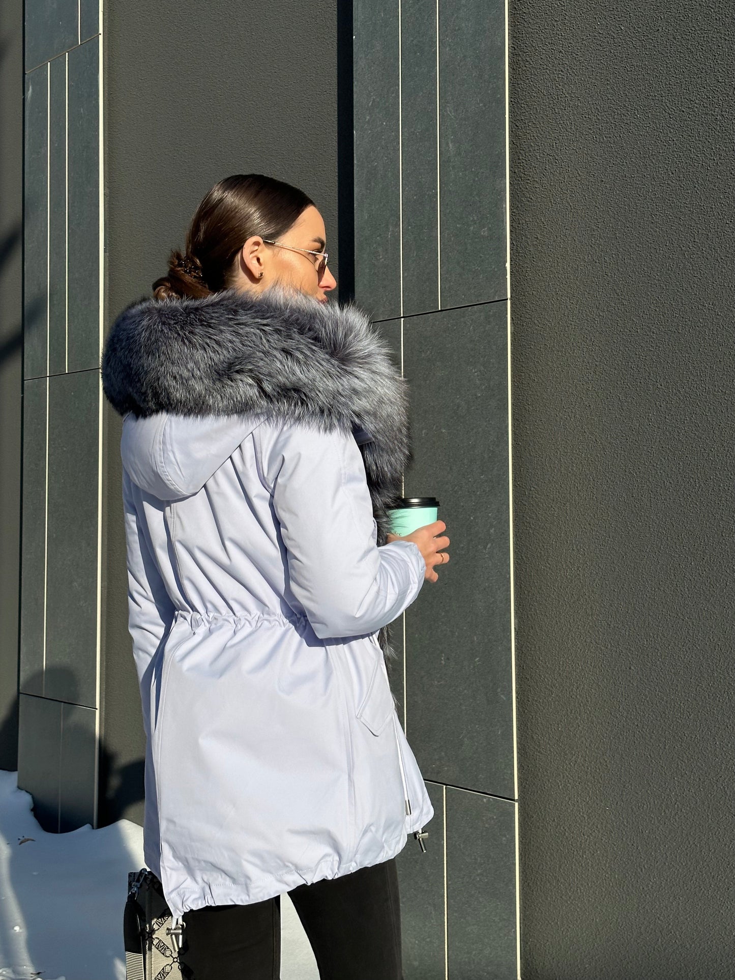Parka isolée en fourrure de lapin et fourrure de renard argenté véritable