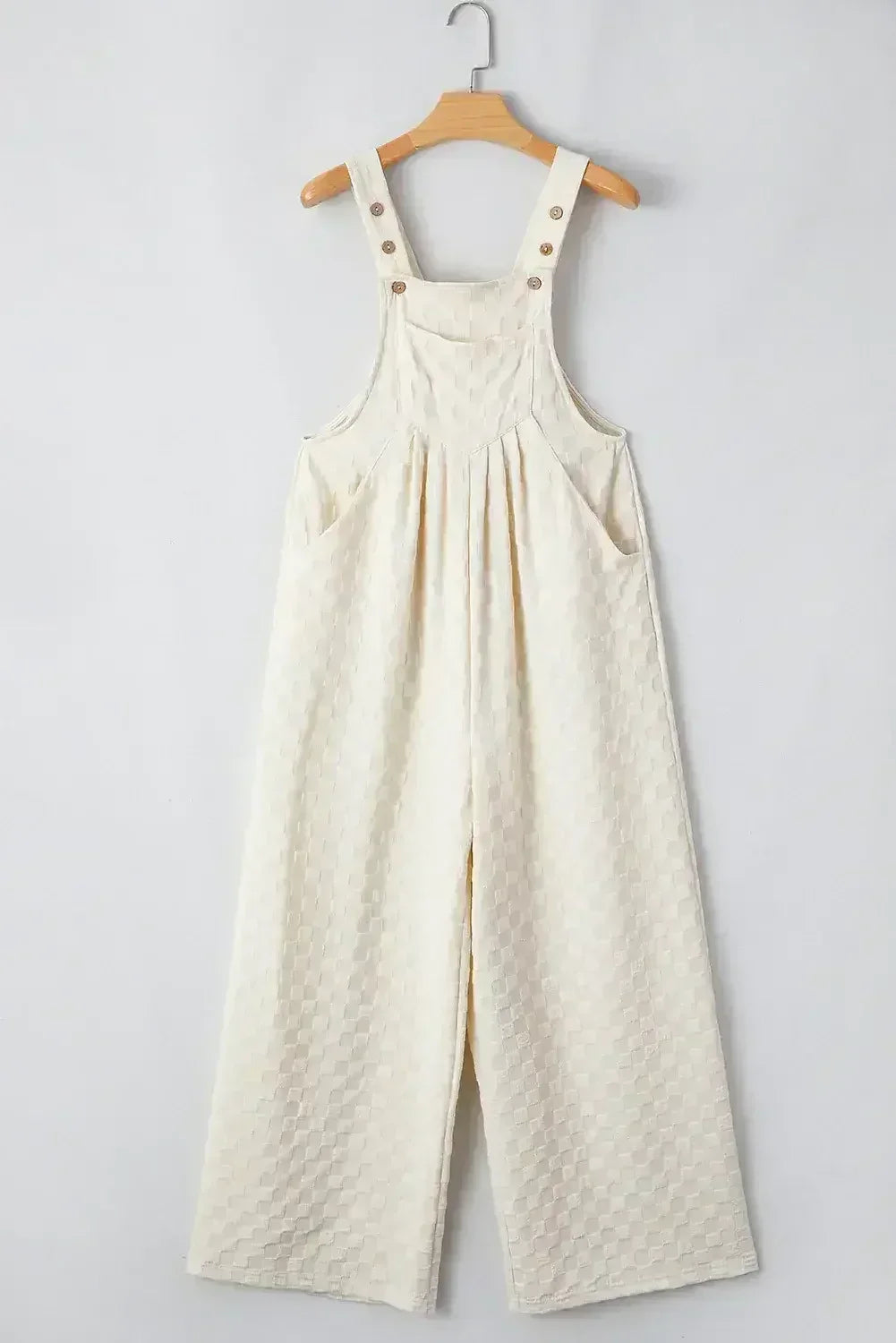 Beige Checkered Pocket High Waist Wide Leg Overall