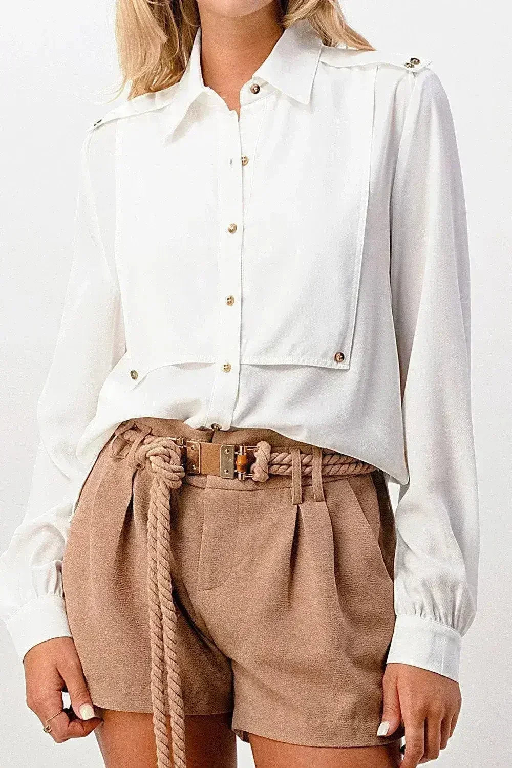 Oversized Military Blouse – Gold Button Long Sleeve Top | Femstylo