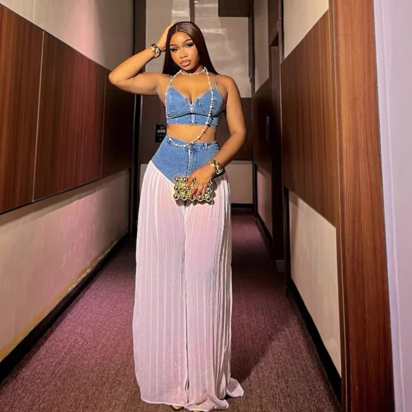 2 Piece Sets Women Sexy Denim Camisole Wide Leg Pants Patchwork Folds Slip Vest Floor Length Suit 2025 Summer Casual Outfits