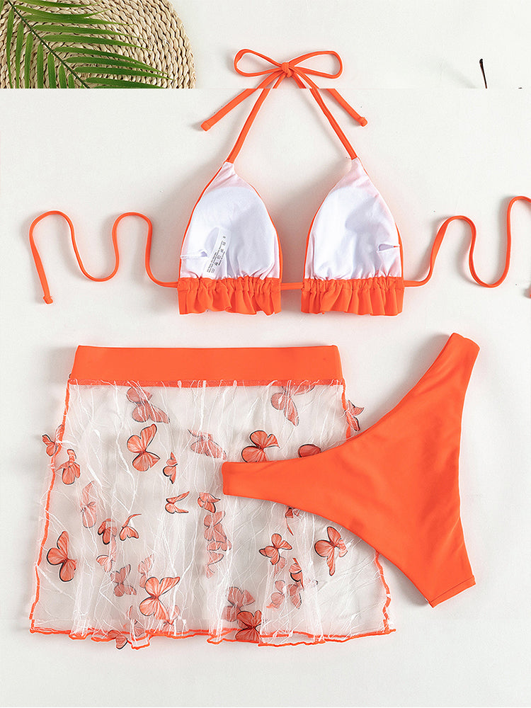 Orange Bikini Set Triangle 3 Piece Swimsuit Women Ruffle Bathing Suits Swimwear