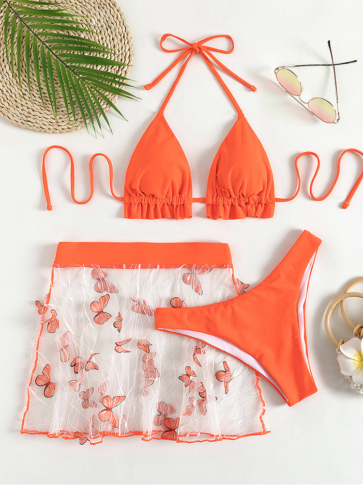 Orange Bikini Set Triangle 3 Piece Swimsuit Women Ruffle Bathing Suits Swimwear