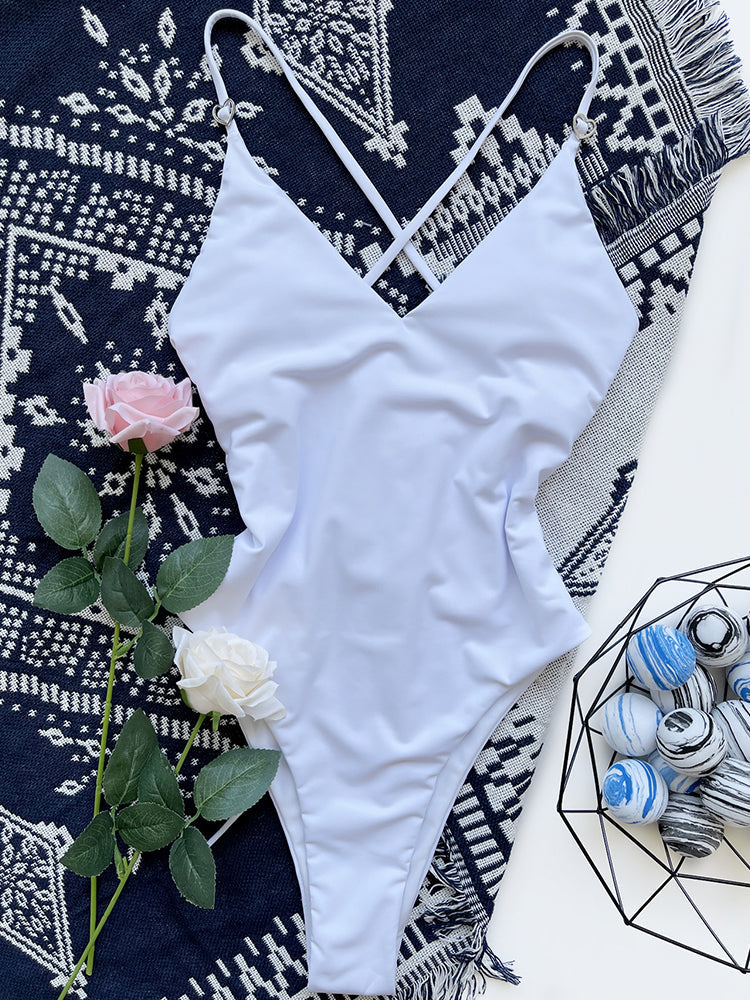 White V-Neck One Piece Swimsuit Women Sexy High Cut Bathing Suits Swimwear
