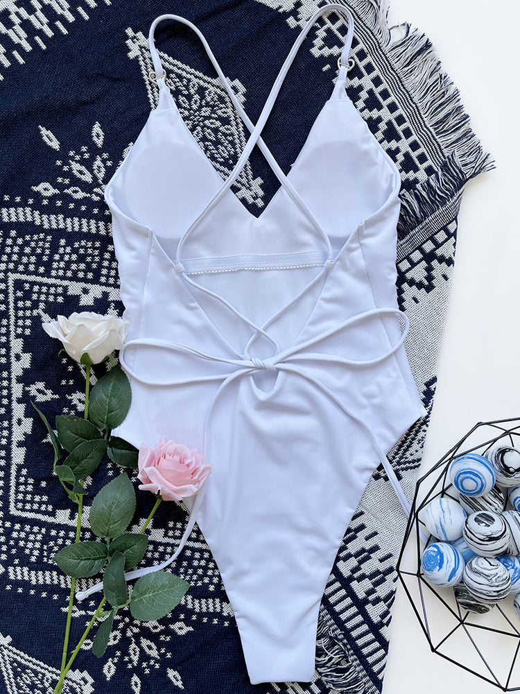 White V-Neck One Piece Swimsuit Women Sexy High Cut Bathing Suits Swimwear