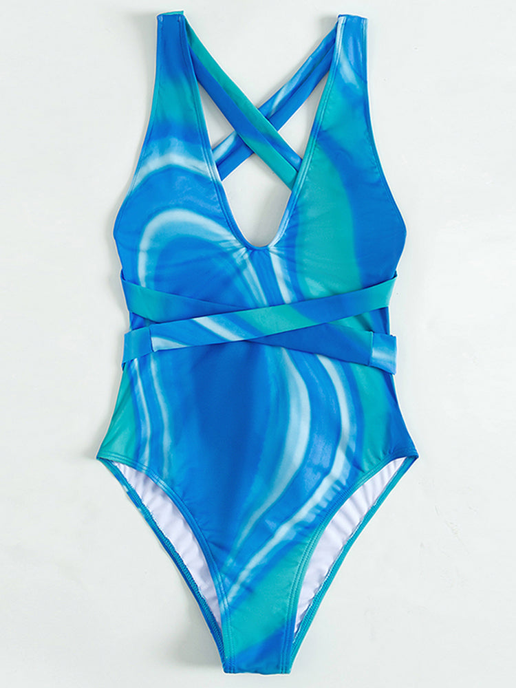 Print Bandage One Piece Swimsuit Women V-Neck Bathing Suits High Cut Swimwear