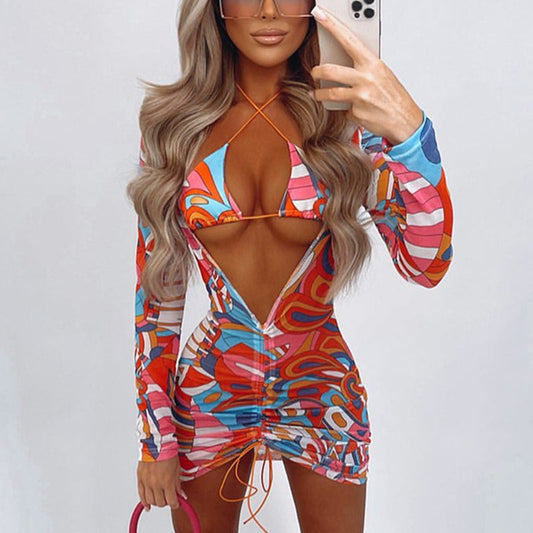 Print Bikini Sexy Mesh Cover Up 3 Piece Swimsuit Women String Bathing Suits