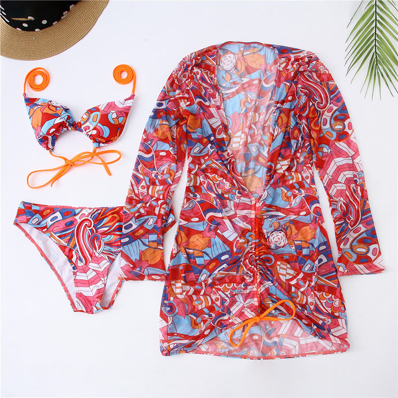 Print Bikini Sexy Mesh Cover Up 3 Piece Swimsuit Women String Bathing Suits