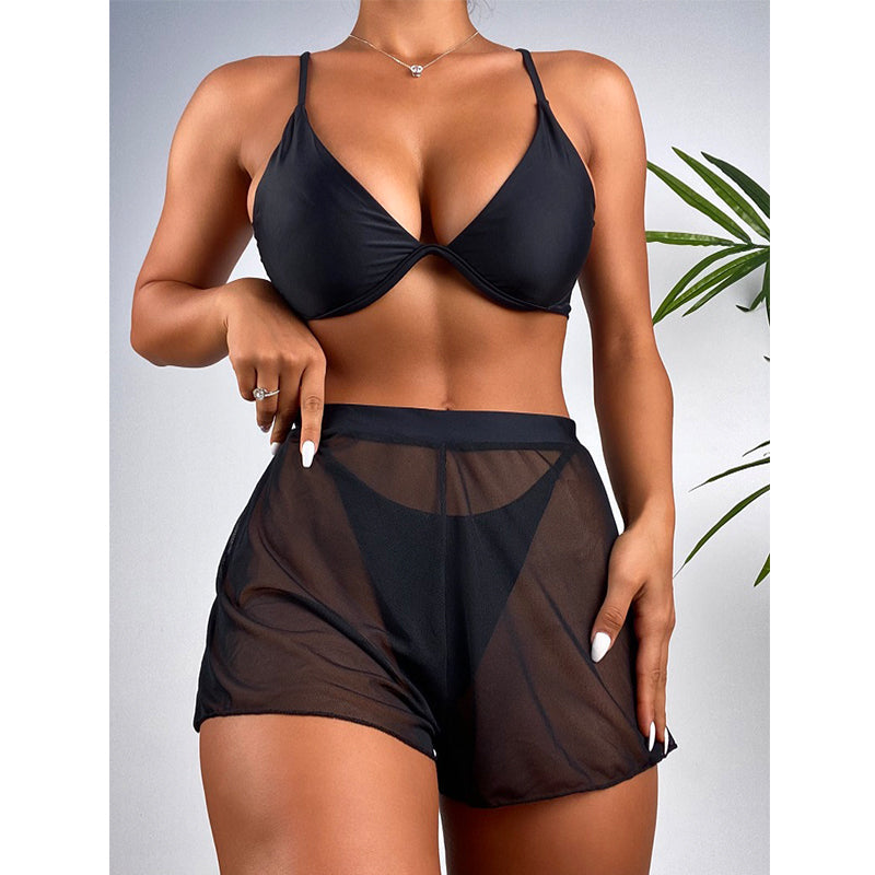 Push Up Bikini Set Sexy Solid Swimsuit Women Mesh Pants Bathing Suits Swimwear