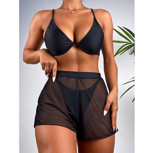 Push Up Bikini Set Sexy Solid Swimsuit Women Mesh Pants Bathing Suits Swimwear