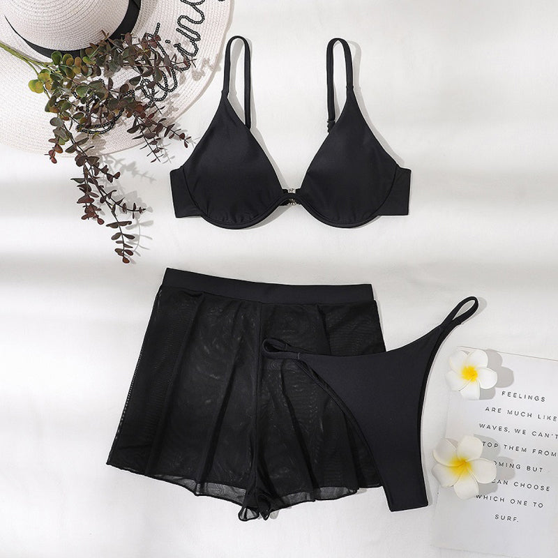 Push Up Bikini Set Sexy Solid Swimsuit Women Mesh Pants Bathing Suits Swimwear