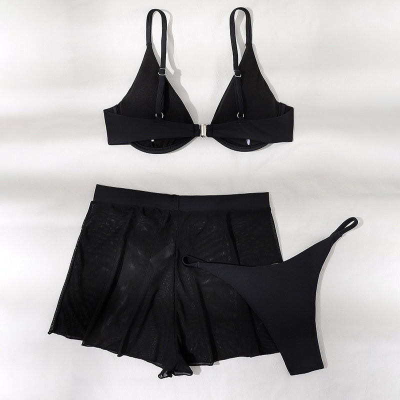 Push Up Bikini Set Sexy Solid Swimsuit Women Mesh Pants Bathing Suits Swimwear