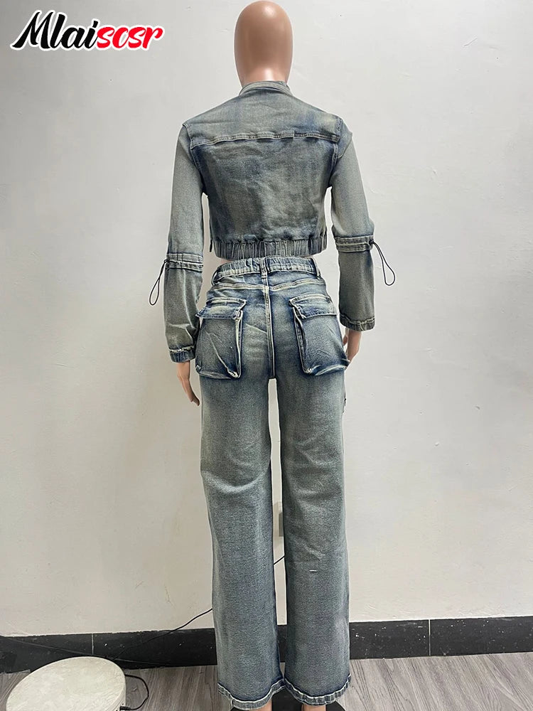 Mlaiscsr Vintage Stretch Denim 2 Piece Pants Sets Women Zip Slim Jackets and Pocket Cargo Jeans Outfit Streetwear Winter Suits