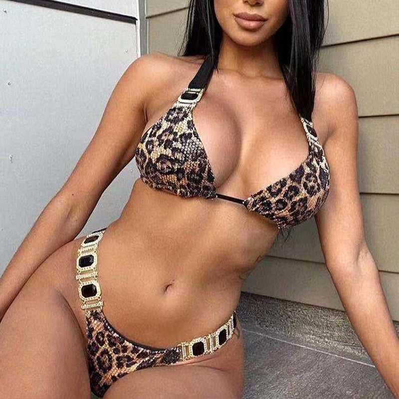 Leopard Print Bikinis Halter Swimsuit Women Backless Bathing Suits Swimwear