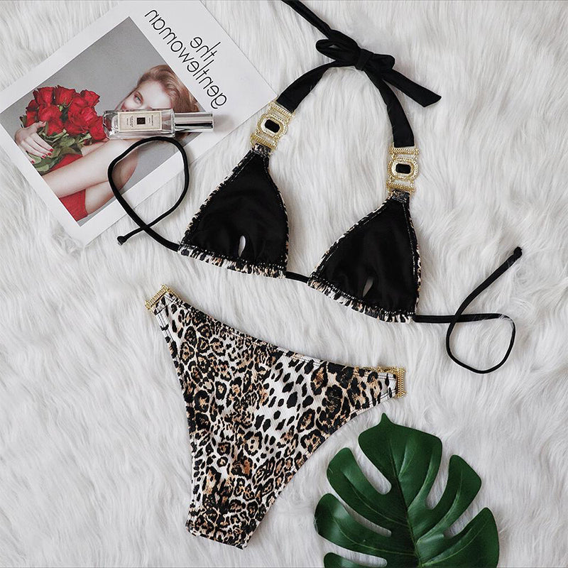 Leopard Print Bikinis Halter Swimsuit Women Backless Bathing Suits Swimwear