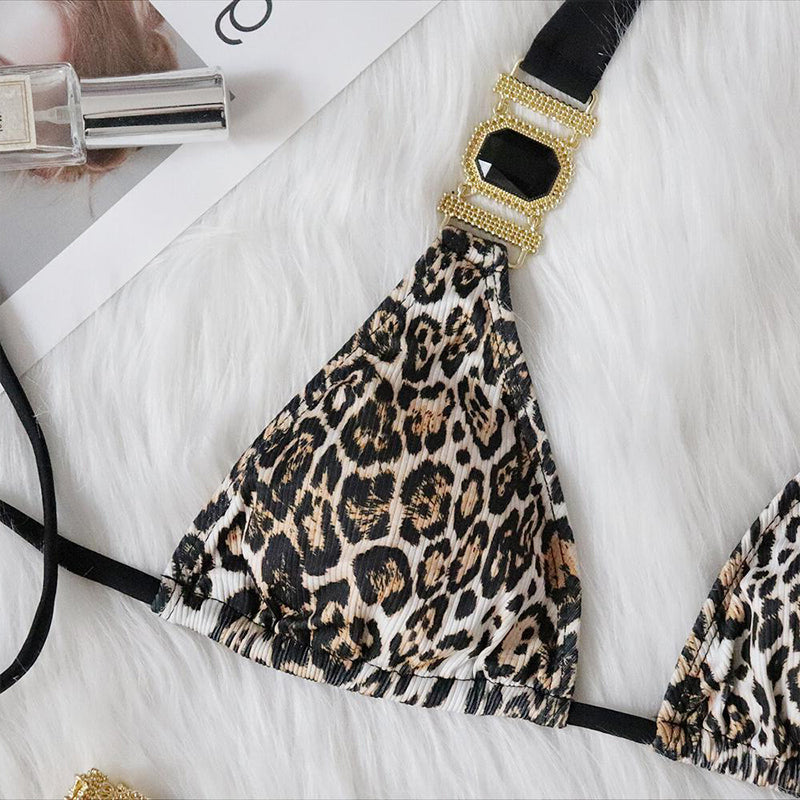 Leopard Print Bikinis Halter Swimsuit Women Backless Bathing Suits Swimwear