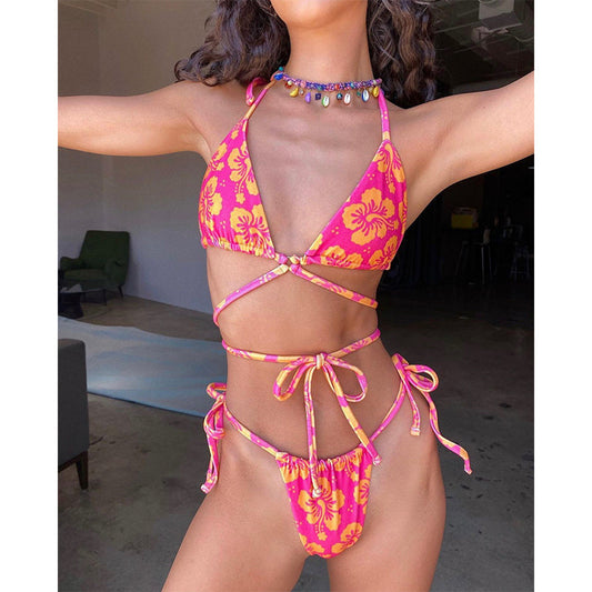 String Halter Swimwear Women Triangle Micro Bikinis Mujer Floral Print Swimsuit Female Sexy Bathing Suit Lace Up Biquini