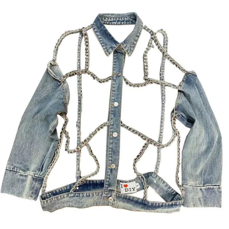 Denim Jacket 2023 Spring Summer Lapels Long Sleeve Chain Hollow Cool Handsome Street Denim Long Sleeve Jeans Jacket for Women