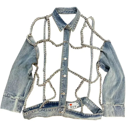 Denim Jacket 2023 Spring Summer Lapels Long Sleeve Chain Hollow Cool Handsome Street Denim Long Sleeve Jeans Jacket for Women