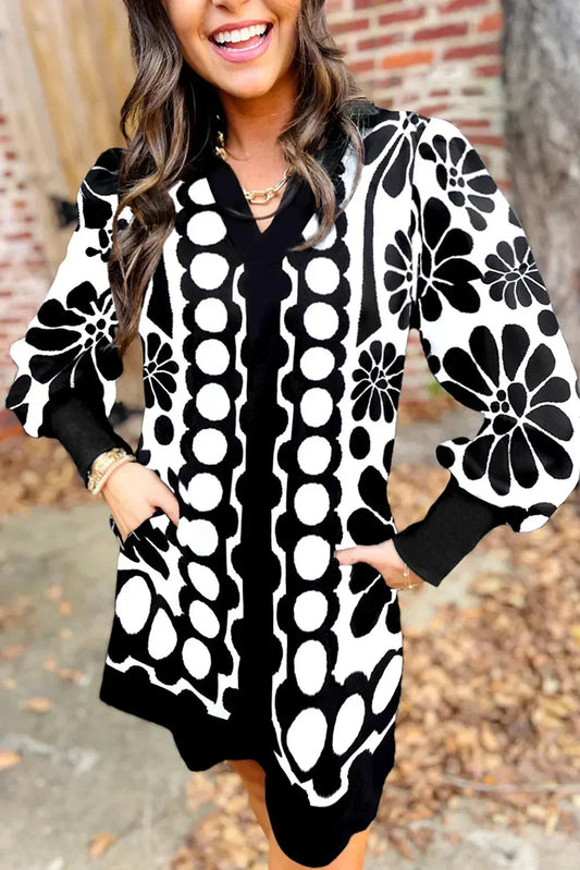 Black Abstract Print V Neck Puff Sleeve Mini Dress