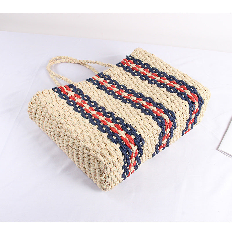 Straw Bag Women Striped One Shoulder Portable Large Capacity Woven Square Bag Travel Vacation Beach Bag