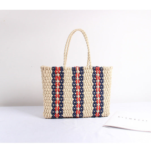 Straw Bag Women Striped One Shoulder Portable Large Capacity Woven Square Bag Travel Vacation Beach Bag