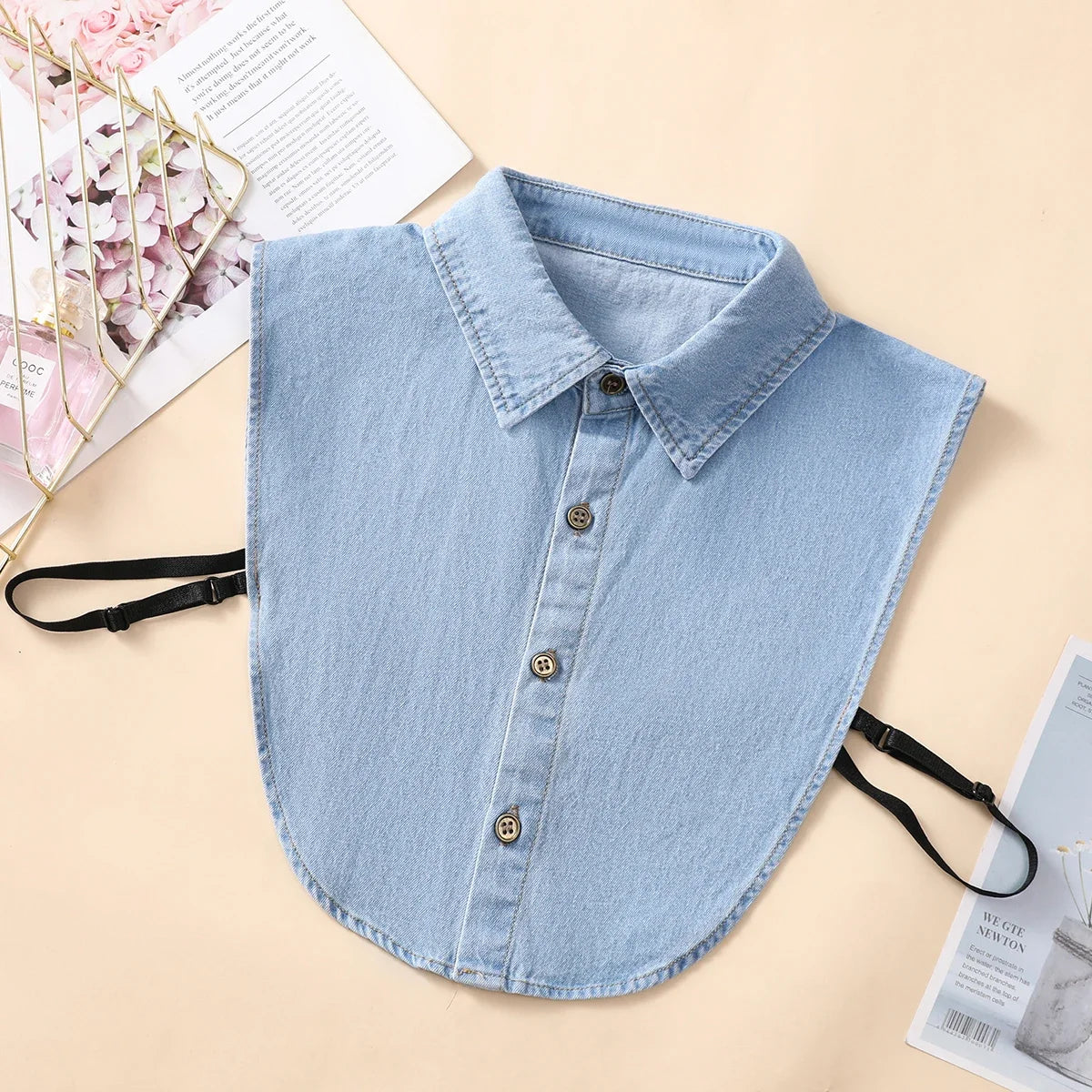 Faux col pointu en jean bleu délavé pour femme, style professionnel, décontracté et polyvalent, style demi-chemise 