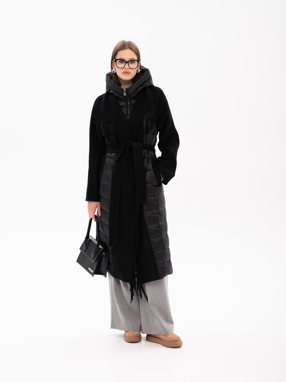 Manteau Kennedy en mélange de laine et duvet de luxe à franges, noir