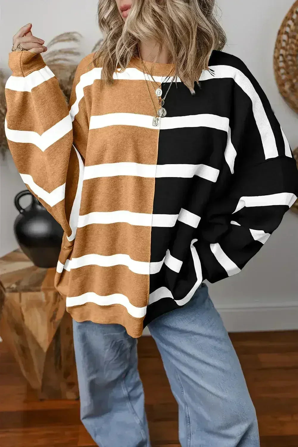 Pink Striped Patchwork Drop Shoulder Sweater