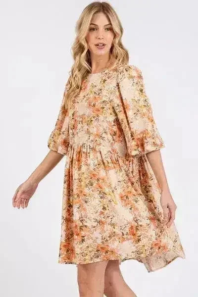 Mittoshop Flower Print Linen Blend Babydoll Mini Dress