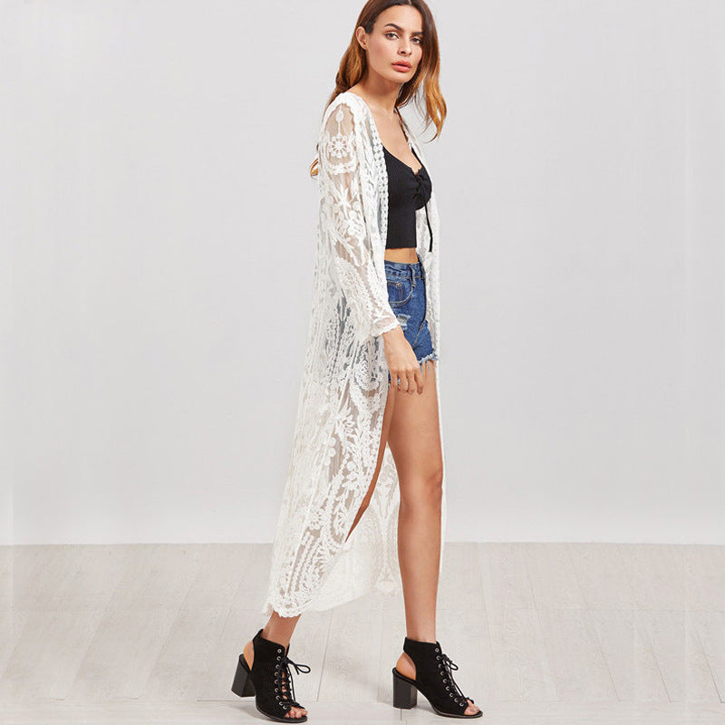 Bohemian Holiday Long Wheat Embroidered Lace Gauzy Cardigan Sun Protection Shirt Beach Cover Up