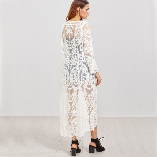 Bohemian Holiday Long Wheat Embroidered Lace Gauzy Cardigan Sun Protection Shirt Beach Cover Up