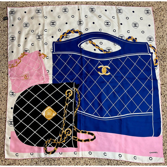 Chanel Silk Pink Black Blue Scarf