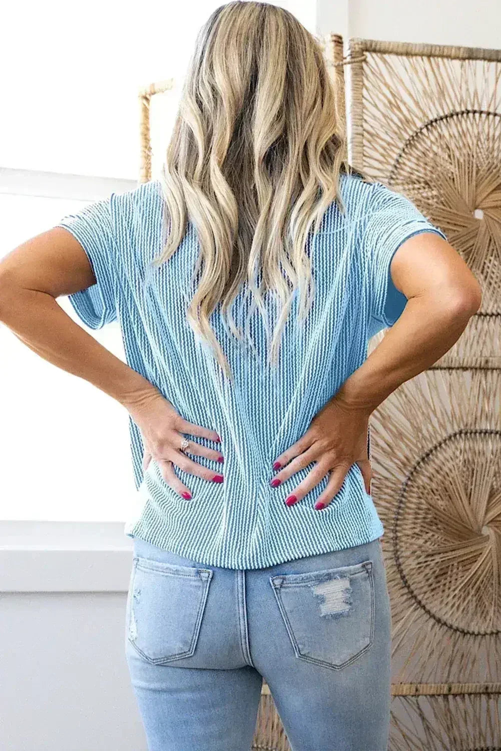 Pink Corded Colorblock Pocket Crew Neck T Shirt