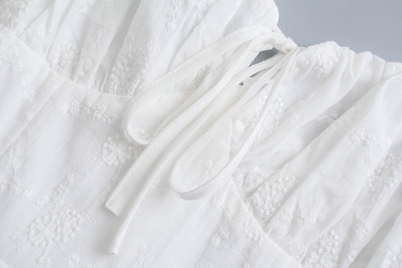 Vintage Court Sexy Tube Top Lace up Slim Fit Slimming White Puff Short Sleeve Eyelet Embroidery Dress for Women