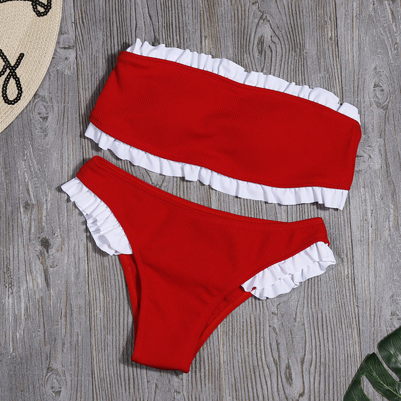 Women Sexy Chest-Wrapped Bikini Bright Leather Swimsuit Popular Split Swimsuit