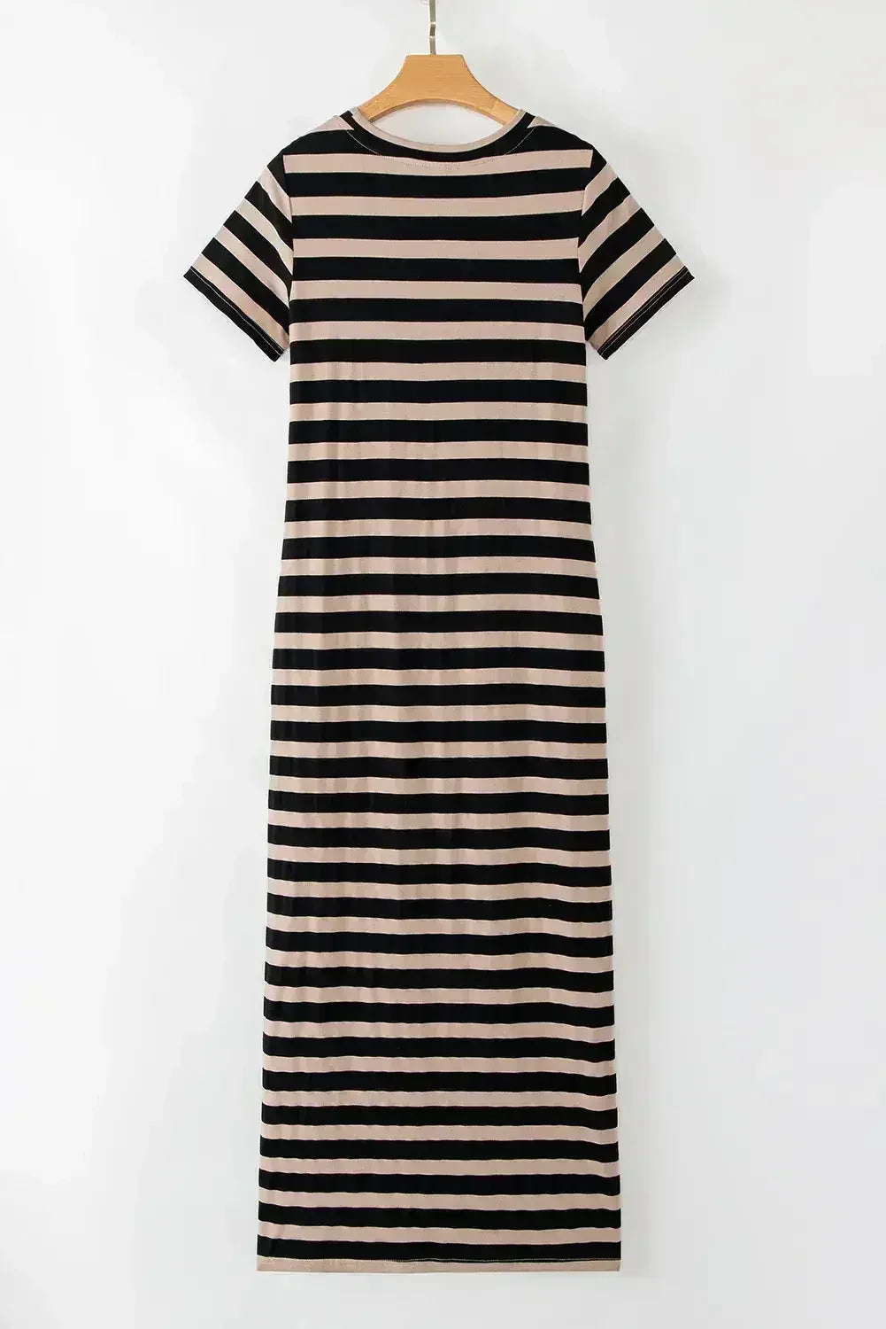Black Striped Side Pockets T-shirt Maxi Dress
