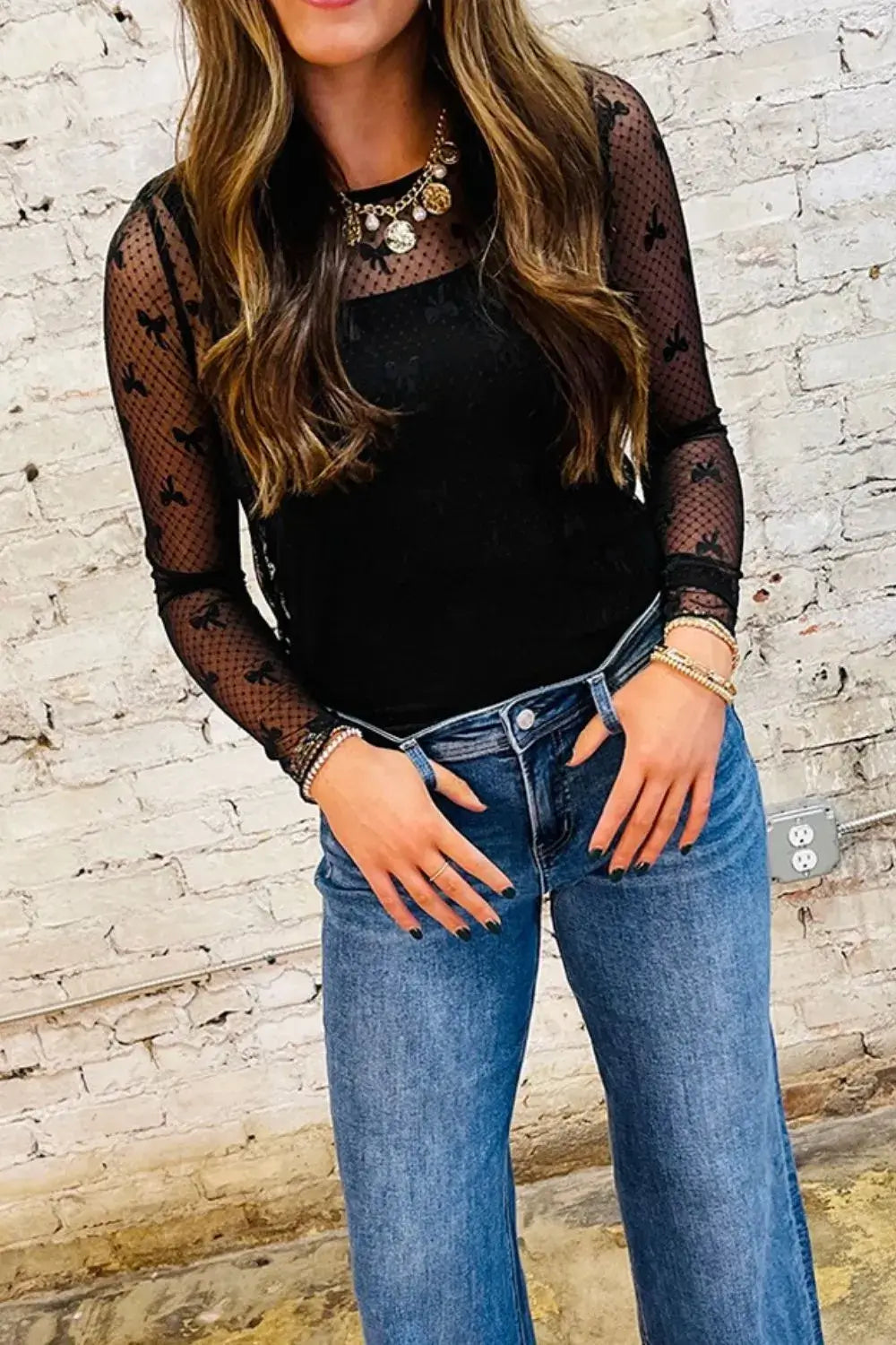 Bow Round Neck Sheer Lace Top With Stretch Fabric Imported