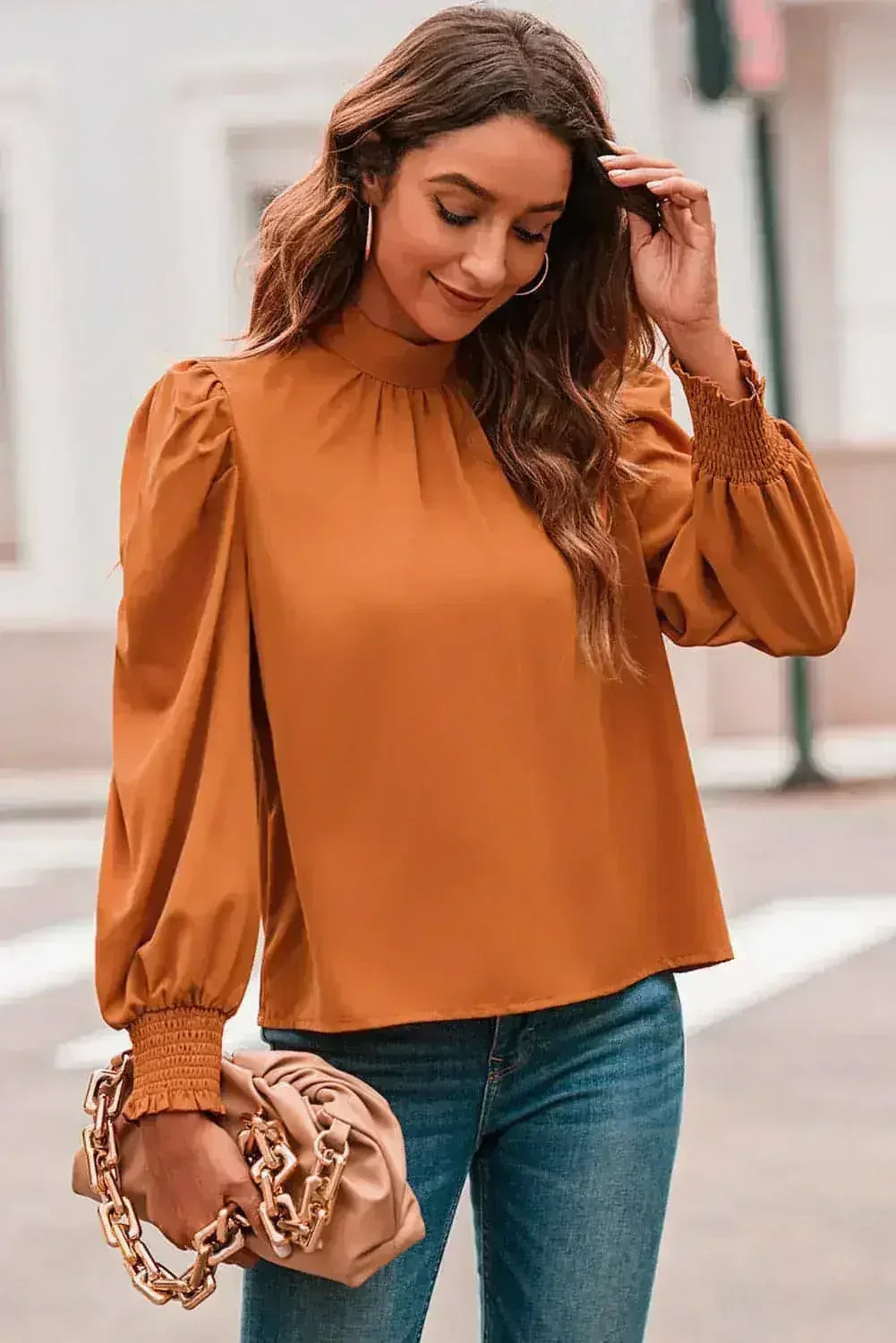 Orange Chiffon Blouse - Bubble Sleeves & Mock Neck | Femstylo