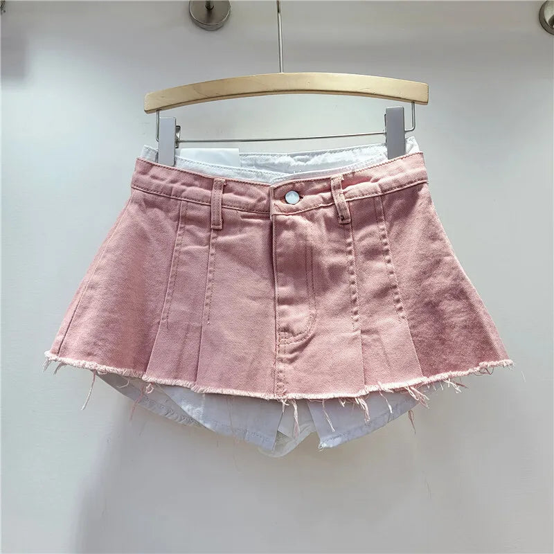 WTHT New Fashion Women's Irregular Fake Two-piece A-line Mini Denim Skirts 2024 Autumn Trendy High Waist Skirt Female 1LS099