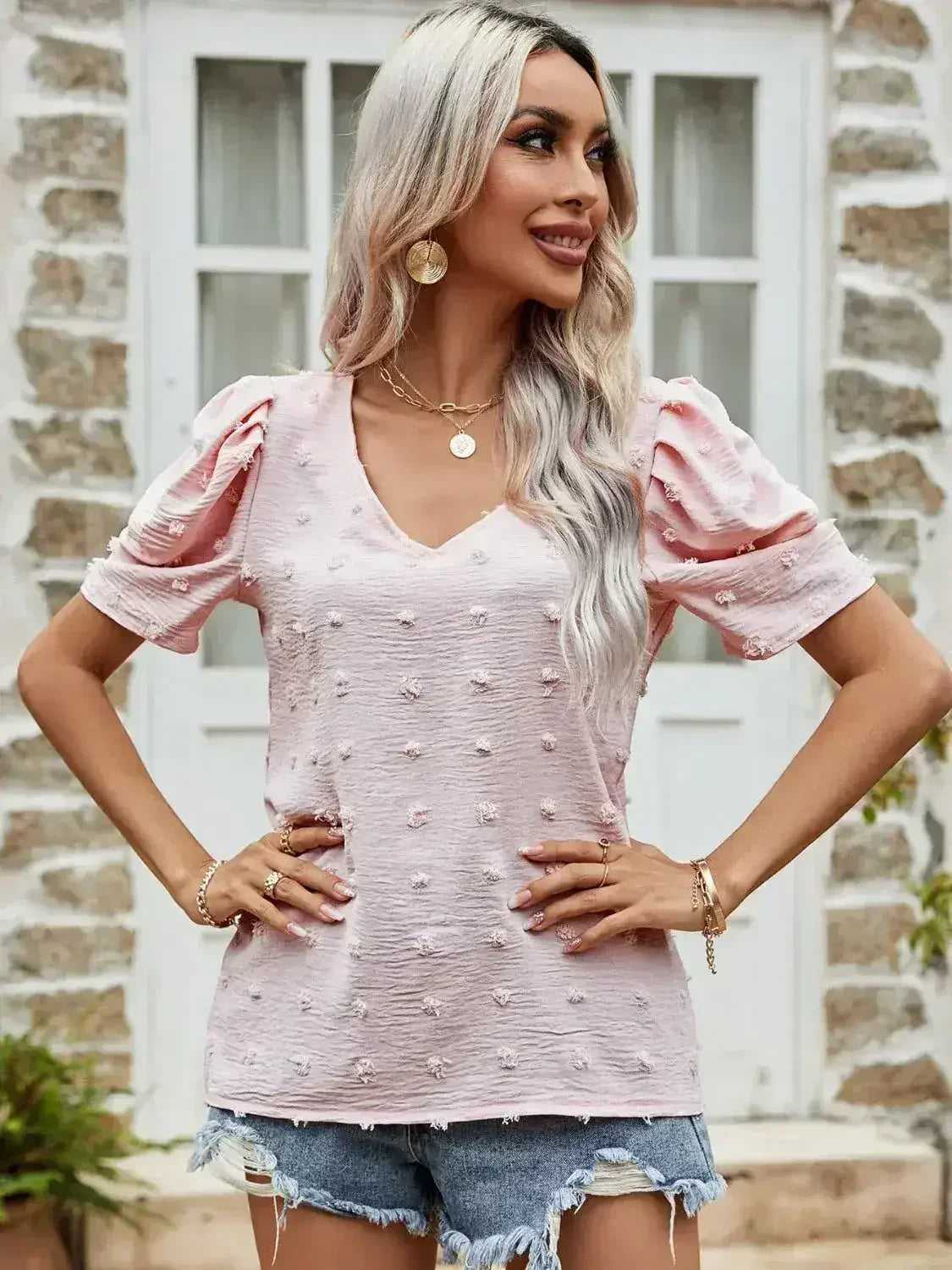 Blush Pink Swiss Dot Short Puff Sleeve Top | Femstylo