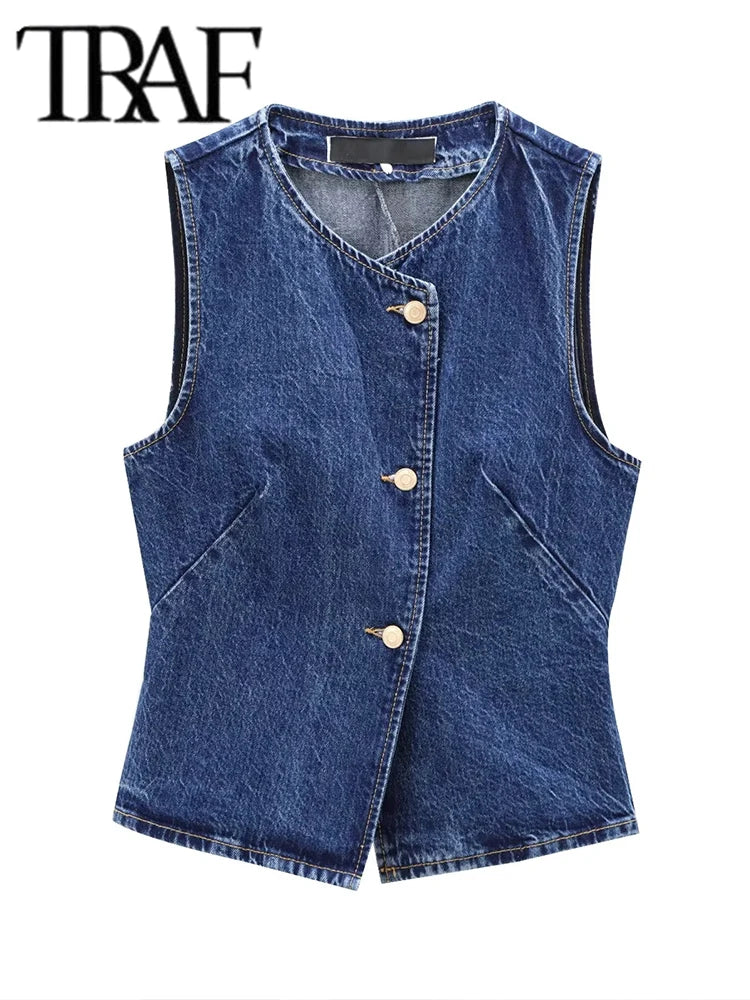 TRAF Women's Vest 2025 New Fashion Denim Vest Top Ladies Casual Cropped Sleeveless Jacket Coat Streetwear Waistcoat Outerwears
