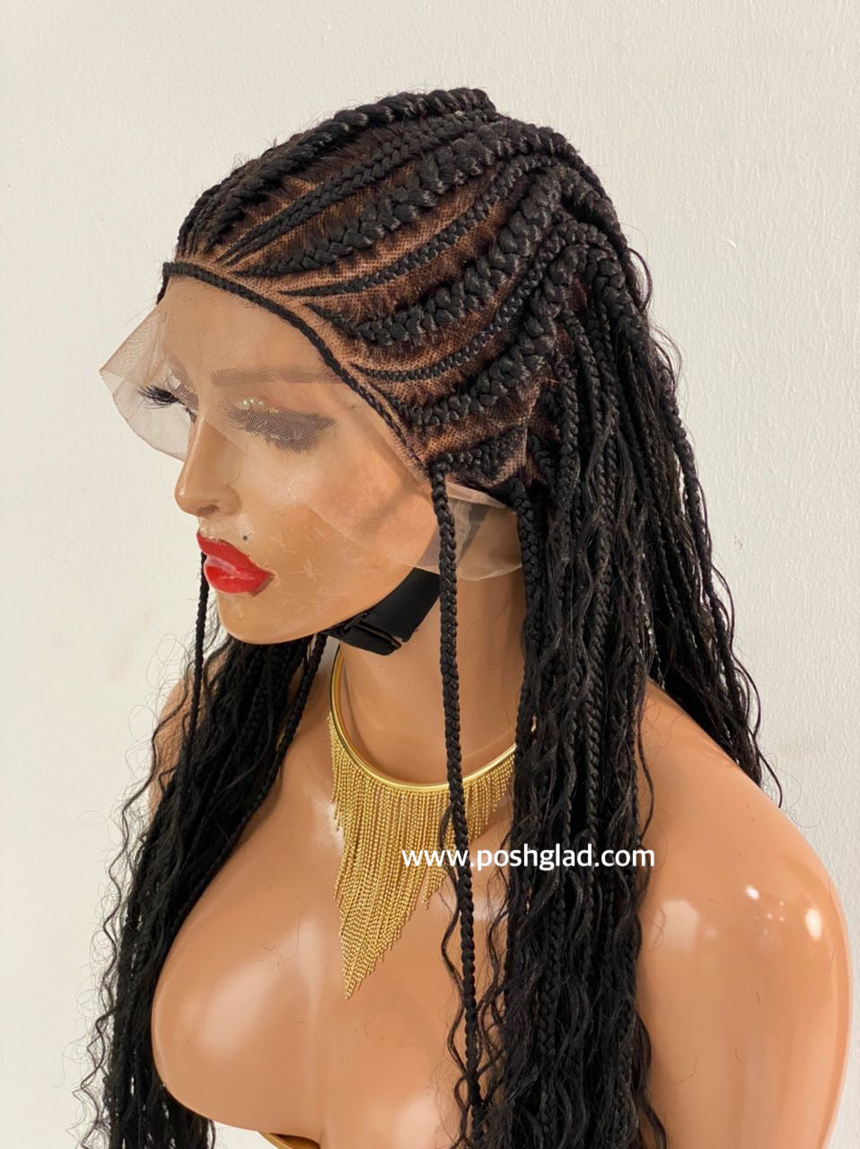 French Cornrow Bohemian Wig, Swiss Full Lace, Black, Waist Length, Standard Density - Leviana