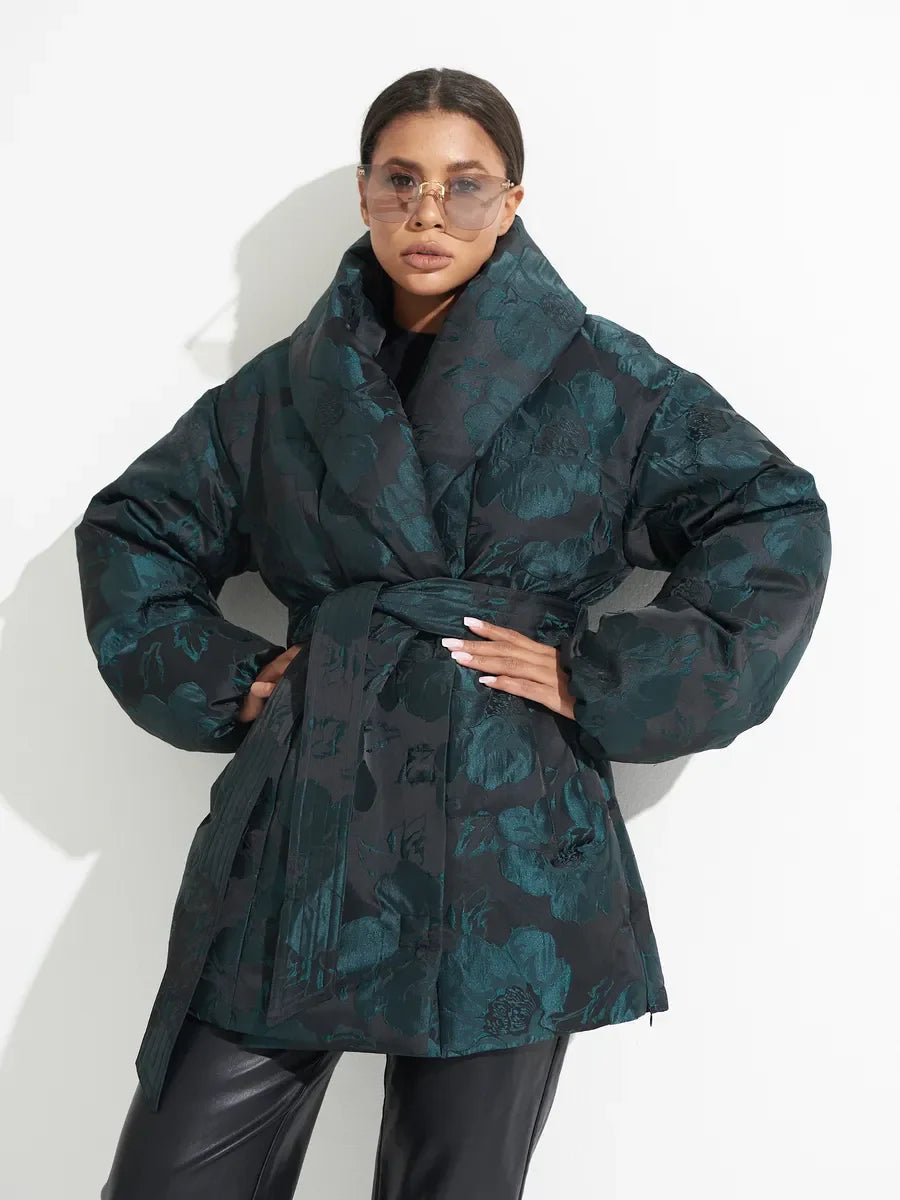 Monochrome Jacquard Down Coat in Vintage Emerald