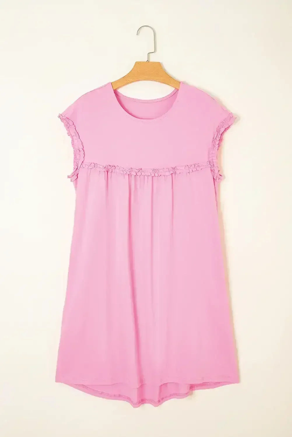 Oatmeal Frilled Trim Crewneck Loose Fit Mini Dress